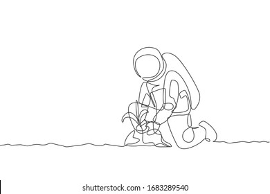 One single line drawing of astronaut planting new species tree seed carefully in moon surface vector illustration. Outer space farming concept. Modern continuous line draw graphic design
