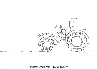 Dibujo de una sola línea de un tractor montante astronauta para nivelar y aplanar el suelo en la ilustración del vector de la superficie lunar. Concepto de agricultura en el espacio ultraterrestre. Diseño moderno de líneas continuas