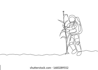 One single line drawing of astronaut picking corn from plant in moon surface vector illustration. Outer space farming harvest concept. Modern continuous line draw design graphic