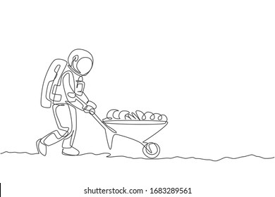 One single line drawing of astronaut pushing wheelbarrow full of fruits and vegetables in moon surface vector illustration graphic. Outer space farming concept. Modern continuous line draw design