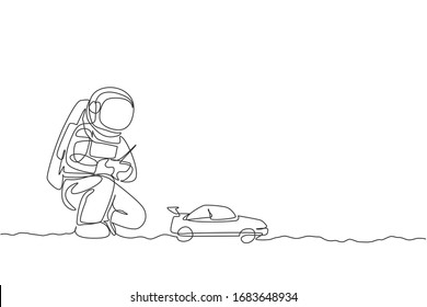One single line drawing of astronaut playing race car radio control in moon land vector illustration graphic. Doing hobby while leisure time in deep space concept. Modern continuous line draw design