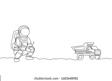 One single line drawing of astronaut playing dump truck radio control in moon land graphic vector illustration. Doing hobby while leisure time in deep space concept. Modern continuous line draw design