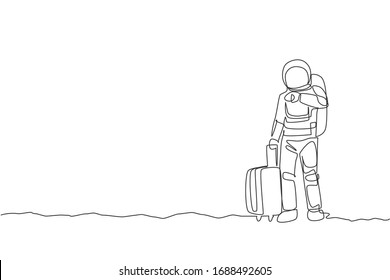 One single line drawing astronaut looking to his wristwatch waiting for public transport in moon surface vector graphic illustration. Cosmonaut outer space concept. Modern continuous line draw design