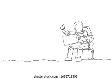One single line drawing of astronaut hitchhiker siting on luggage while waiting for the ride in moon surface road vector illustration. Cosmonaut deep space concept. Modern continuous line draw design