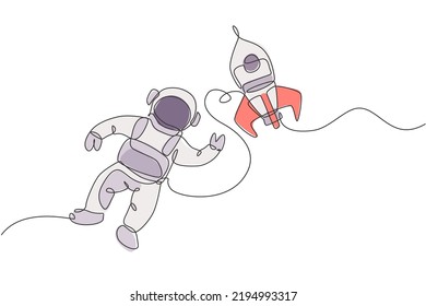 One Single Line Drawing Of Astronaut In Spacesuit Floating And Discovering Deep Space With Rocket Spaceship Vector Illustration. Exploring Outer Space Concept. Modern Continuous Line Draw Design