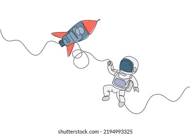 One Single Line Drawing Of Astronaut In Spacesuit Floating And Discovering Deep Space With Rocket Spaceship Vector Illustration. Exploring Outer Space Concept. Modern Continuous Line Draw Design