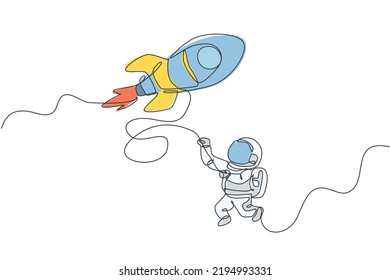 One Single Line Drawing Astronaut In Spacesuit Floating And Discovering Deep Space With Rocket Spaceship Vector Illustration. Exploring Outer Space Concept. Modern Continuous Line Draw Graphic Design