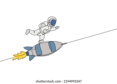 One Single Line Drawing Of Astronaut In Spacesuit Floating And Discovering Deep Space While Standing At Rocket Spaceship Illustration. Exploring Outer Space Concept. Modern Continuous Line Draw Design