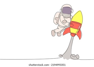 One Single Line Drawing Of Astronaut In Spacesuit Floating And Discovering Deep Space While Holding Rocket Spaceship Illustration. Exploring Outer Space Concept. Modern Continuous Line Draw Design