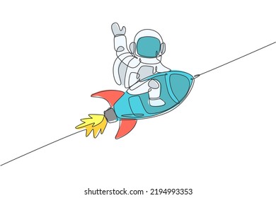 One single line drawing of astronaut in spacesuit floating and discovering deep space while sitting on rocket spaceship illustration. Exploring outer space concept. Modern continuous line draw design