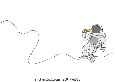 One single line drawing of astronaut flying in cosmos galaxy while eating sweet milk chocolate bar graphic vector illustration. Fantasy outer space life concept. Modern continuous line draw design