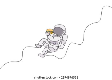 One single line drawing of astronaut flying in cosmos galaxy while eating spicy delicious burger vector graphic illustration. Fantasy outer space life concept. Modern continuous line draw design
