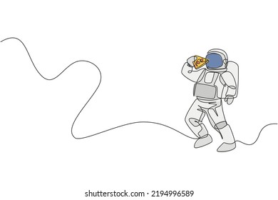 Un astronauta de dibujo de una sola línea que vuela en galaxia cosmos mientras come deliciosa pizza italiana picante vector ilustración gráfico. Fantasía en el concepto de vida en el espacio ultraterrestre. Diseño de traza de línea continua moderna