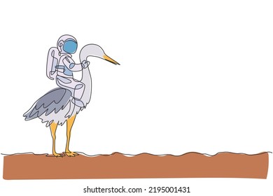 One single line drawing of astronaut riding heron bird, wild animal in moon surface vector illustration. Cosmonaut safari journey concept. Modern continuous line draw graphic design