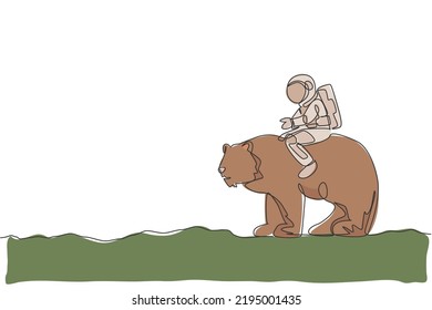 One single line drawing of astronaut riding bear, wild animal in moon surface graphic vector illustration. Cosmonaut safari journey concept. Modern continuous line draw design