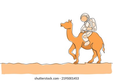 One single line drawing of astronaut riding Arabian camel, pet animal in moon surface vector illustration. Cosmonaut safari journey concept. Modern continuous line graphic draw design