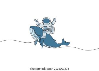 One single line drawing of astronaut riding blue whale, giant mammal animal in galaxy nebula vector illustration. Cosmonaut journey concept. Modern continuous line draw graphic design