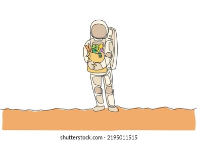 One single line drawing of astronaut bring paper bag full of groceries on chest in moon surface in moon surface vector illustration. Outer space farming concept. Modern continuous line draw design
