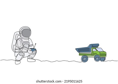 One single line drawing of astronaut playing dump truck radio control in moon land graphic vector illustration. Doing hobby while leisure time in deep space concept. Modern continuous line draw design