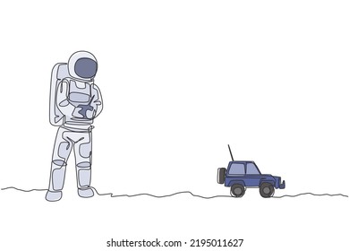 One single line drawing of astronaut playing car radio control in moon land vector graphic illustration. Doing hobby while leisure time in deep space concept. Modern continuous line draw design