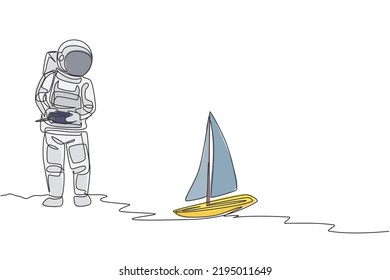 One single line drawing of astronaut playing sailboat radio control in moon land vector graphic illustration. Doing hobby while leisure time in deep space concept. Modern continuous line draw design