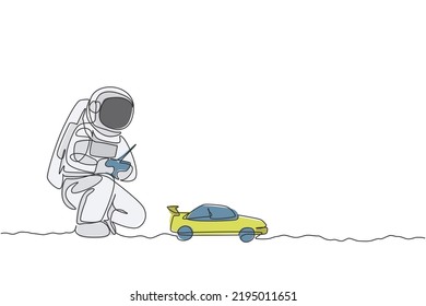 One single line drawing of astronaut playing race car radio control in moon land vector illustration graphic. Doing hobby while leisure time in deep space concept. Modern continuous line draw design