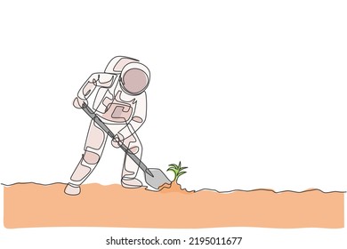 One single line drawing of astronaut digging up soil using metal shovel in moon surface vector graphic illustration. Outer space farming concept. Modern continuous line draw design