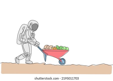 One single line drawing of astronaut pushing wheelbarrow full of fruits and vegetables in moon surface vector illustration graphic. Outer space farming concept. Modern continuous line draw design