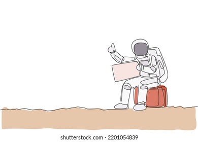 One single line drawing of astronaut hitchhiker siting on luggage while waiting for the ride in moon surface road vector illustration. Cosmonaut deep space concept. Modern continuous line draw design