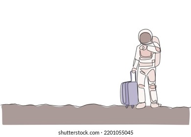 One single line drawing astronaut looking to his wristwatch waiting for public transport in moon surface vector graphic illustration. Cosmonaut outer space concept. Modern continuous line draw design