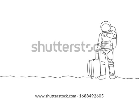 One single line drawing astronaut looking to his wristwatch waiting for public transport in moon surface vector graphic illustration. Cosmonaut outer space concept. Modern continuous line draw design