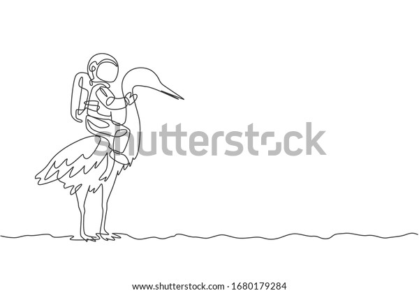 One single\
line drawing of astronaut riding heron bird, wild animal in moon\
surface vector illustration. Cosmonaut safari journey concept.\
Modern continuous line draw graphic\
design