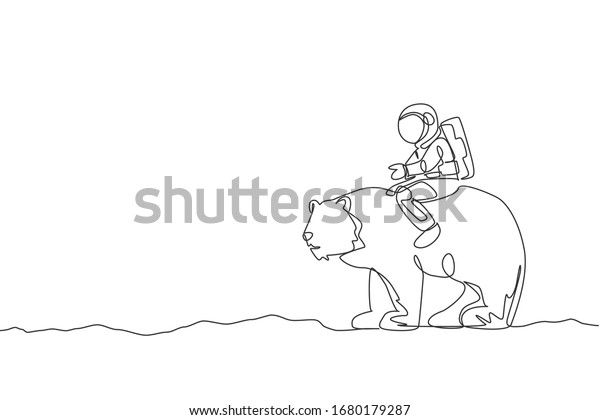 One single\
line drawing of astronaut riding bear, wild animal in moon surface\
graphic vector illustration. Cosmonaut safari journey concept.\
Modern continuous line draw\
design
