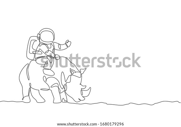 One single\
line drawing of astronaut riding rhinoceros, wild animal in moon\
surface vector illustration. Cosmonaut safari journey concept.\
Modern continuous line draw graphic\
design
