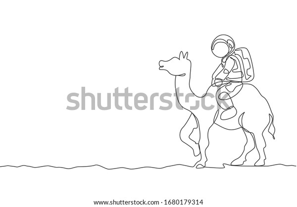 One
single line drawing of astronaut riding Arabian camel, pet animal
in moon surface vector illustration. Cosmonaut safari journey
concept. Modern continuous line graphic draw
design