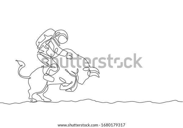 One single
line drawing of astronaut riding angry bull, wild animal in moon
surface vector graphic illustration. Cosmonaut safari journey
concept. Modern continuous line draw
design