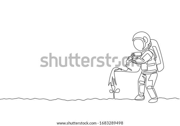 One single line drawing of astronaut watering
plant tree using metal watering can in moon surface graphic vector
illustration. Outer space farming concept. Modern continuous line
draw design
