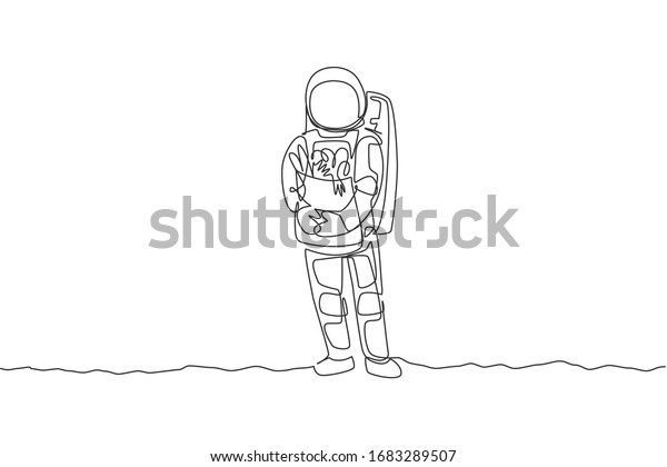 One single line drawing of astronaut bring paper\
bag full of groceries on chest in moon surface in moon surface\
vector illustration. Outer space farming concept. Modern continuous\
line draw design