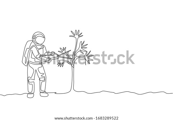 One\
single line drawing of astronaut cutting tree leaf using gardening\
scissor in moon surface vector graphic illustration. Outer space\
gardening concept. Modern continuous line draw\
design