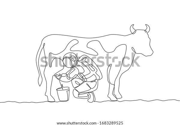 One single line drawing of astronaut squat down\
milking cow and put into milk can bucket in moon surface graphic\
vector illustration. Outer space farming concept. Modern continuous\
line draw design