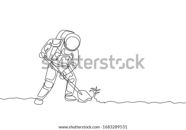 One single\
line drawing of astronaut digging up soil using metal shovel in\
moon surface vector graphic illustration. Outer space farming\
concept. Modern continuous line draw\
design