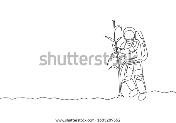 One single
line drawing of astronaut picking corn from plant in moon surface
vector illustration. Outer space farming harvest concept. Modern
continuous line draw design
graphic