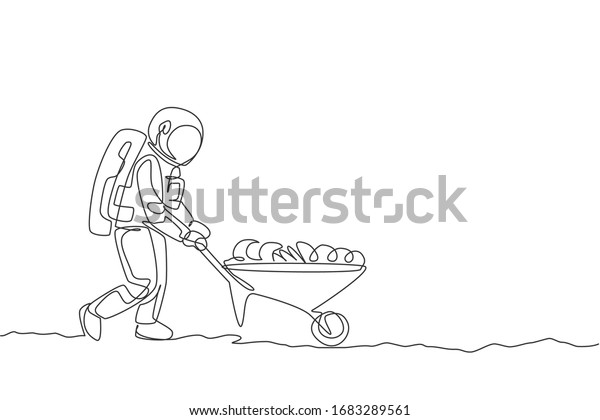 One single line drawing of astronaut pushing\
wheelbarrow full of fruits and vegetables in moon surface vector\
illustration graphic. Outer space farming concept. Modern\
continuous line draw\
design