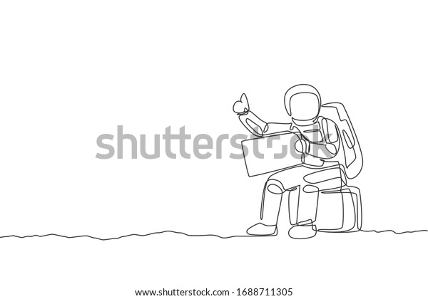 One single line drawing of astronaut hitchhiker\
siting on luggage while waiting for the ride in moon surface road\
vector illustration. Cosmonaut deep space concept. Modern\
continuous line draw\
design