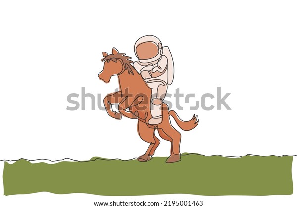 One single
line drawing of astronaut riding horse, wild animal in moon surface
vector illustration. Cosmonaut safari journey concept. Modern
continuous line draw graphic
design