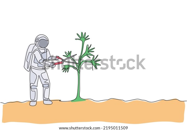 One\
single line drawing of astronaut cutting tree leaf using gardening\
scissor in moon surface vector graphic illustration. Outer space\
gardening concept. Modern continuous line draw\
design