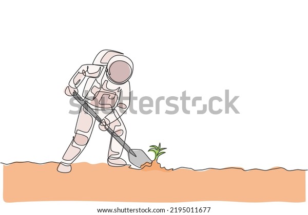 One single\
line drawing of astronaut digging up soil using metal shovel in\
moon surface vector graphic illustration. Outer space farming\
concept. Modern continuous line draw\
design