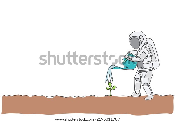 One single line drawing of astronaut watering\
plant tree using metal watering can in moon surface graphic vector\
illustration. Outer space farming concept. Modern continuous line\
draw design