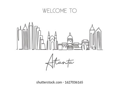 One Single Line Drawing Of Atlanta City Skyline, United States. Historical Town Landscape. Best Holiday Destination Wall Decor Poster Print Art. Trendy Continuous Line Draw Design Vector Illustration