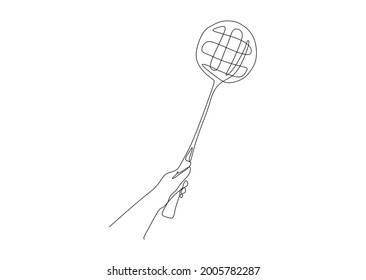One single line drawing of a badminton player hold a racket vector illustration. Sport training concept. Modern continuous line draw design for sport tournament banner	